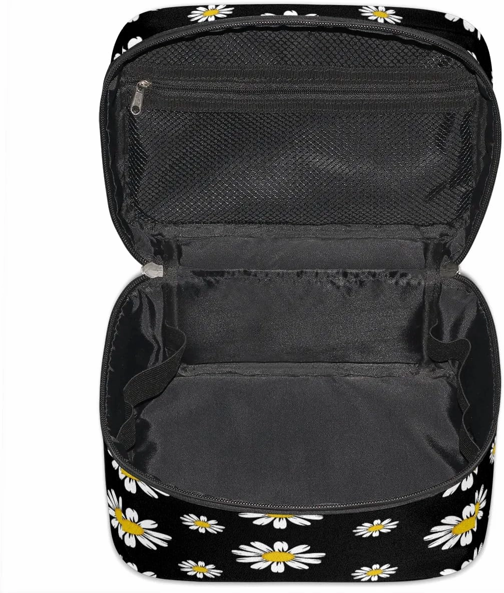 Travel Makeup Bag, Daisy Floral Cosmetic Bag for Women Girls, Portable Large Toiletry Bag Case Organizer for Toiletries Accessories Brushes