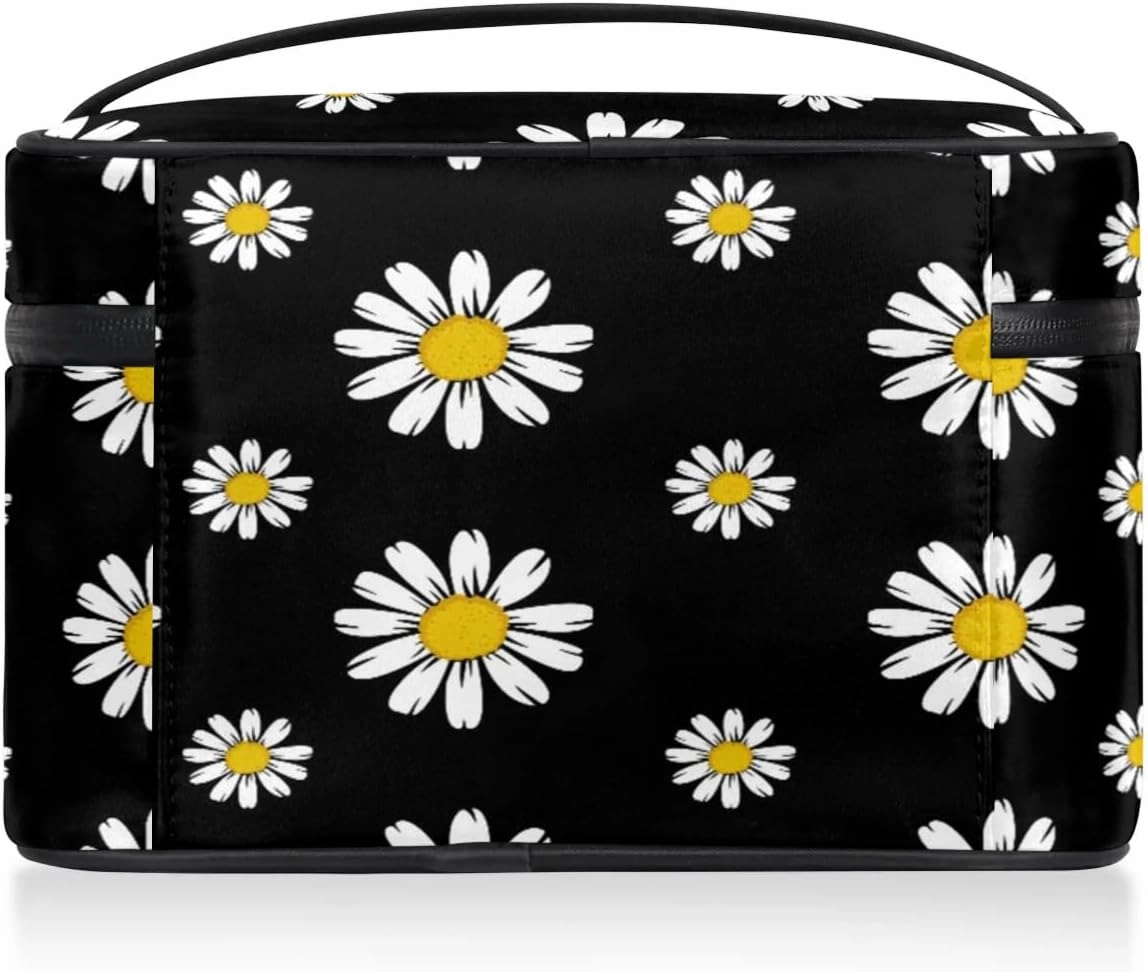Travel Makeup Bag, Daisy Floral Cosmetic Bag for Women Girls, Portable Large Toiletry Bag Case Organizer for Toiletries Accessories Brushes
