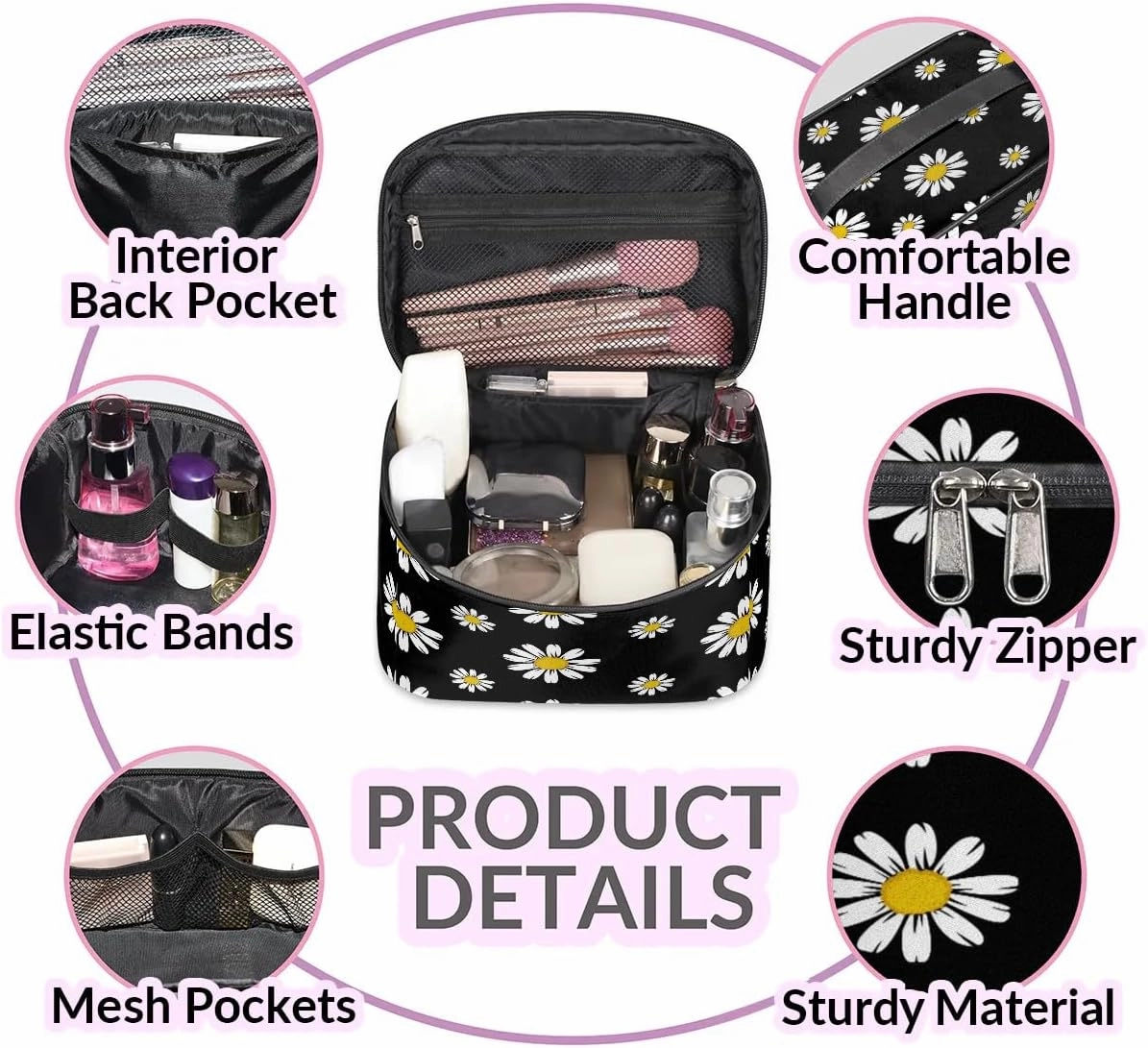 Travel Makeup Bag, Daisy Floral Cosmetic Bag for Women Girls, Portable Large Toiletry Bag Case Organizer for Toiletries Accessories Brushes
