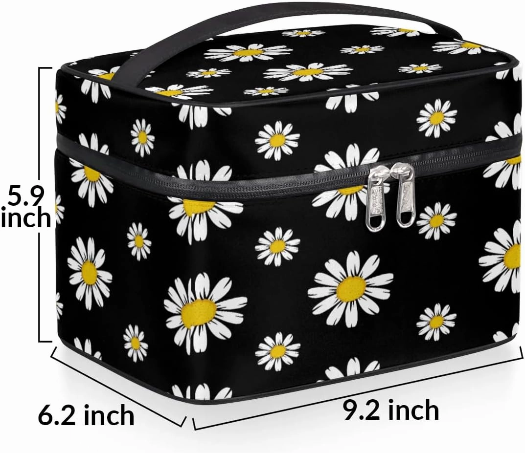 Travel Makeup Bag, Daisy Floral Cosmetic Bag for Women Girls, Portable Large Toiletry Bag Case Organizer for Toiletries Accessories Brushes