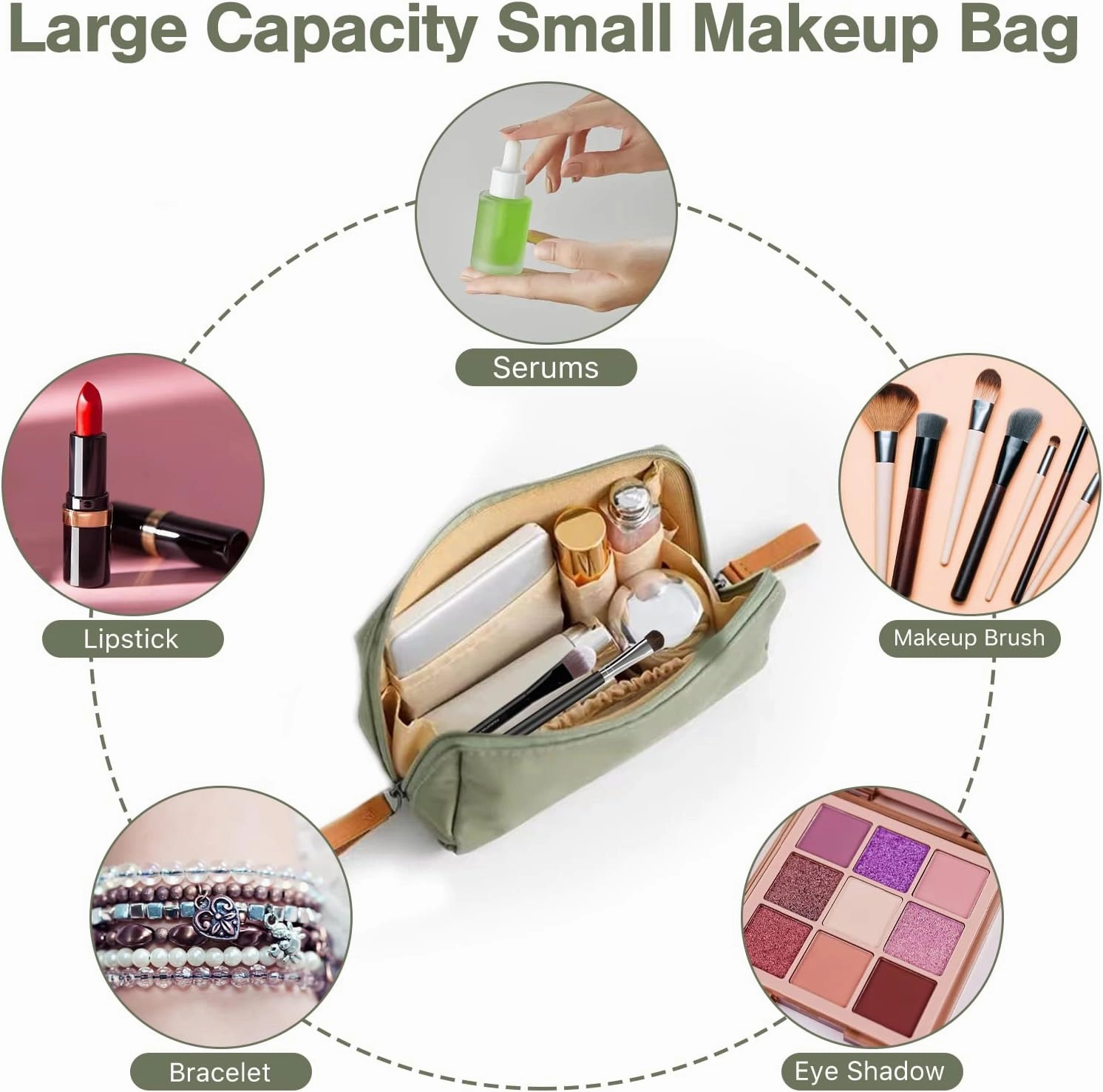 Travel Makeup Bag, Small Makeup Bag, Multifunction Makeup Bag With Multiple Compartments, Waterproof Nylon, Durable Zipper, Large Capacity, Daily Use, Cosmetic Bag For Women (Green)