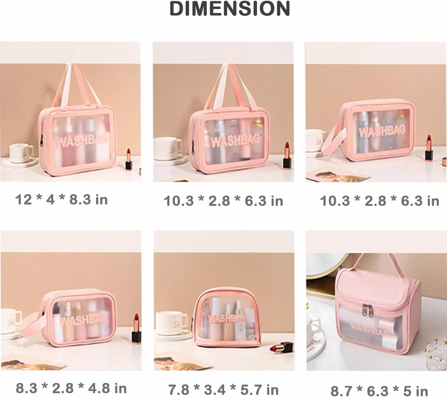 Travel Toiletry Bag for Men & Women, Clear Waterproof Cosmetic Organizer with Handles – Portable Translucent Skin Care Bag for Travel, Bathroom (PU/PVC, Zipper Closure) (White, 6PCS)