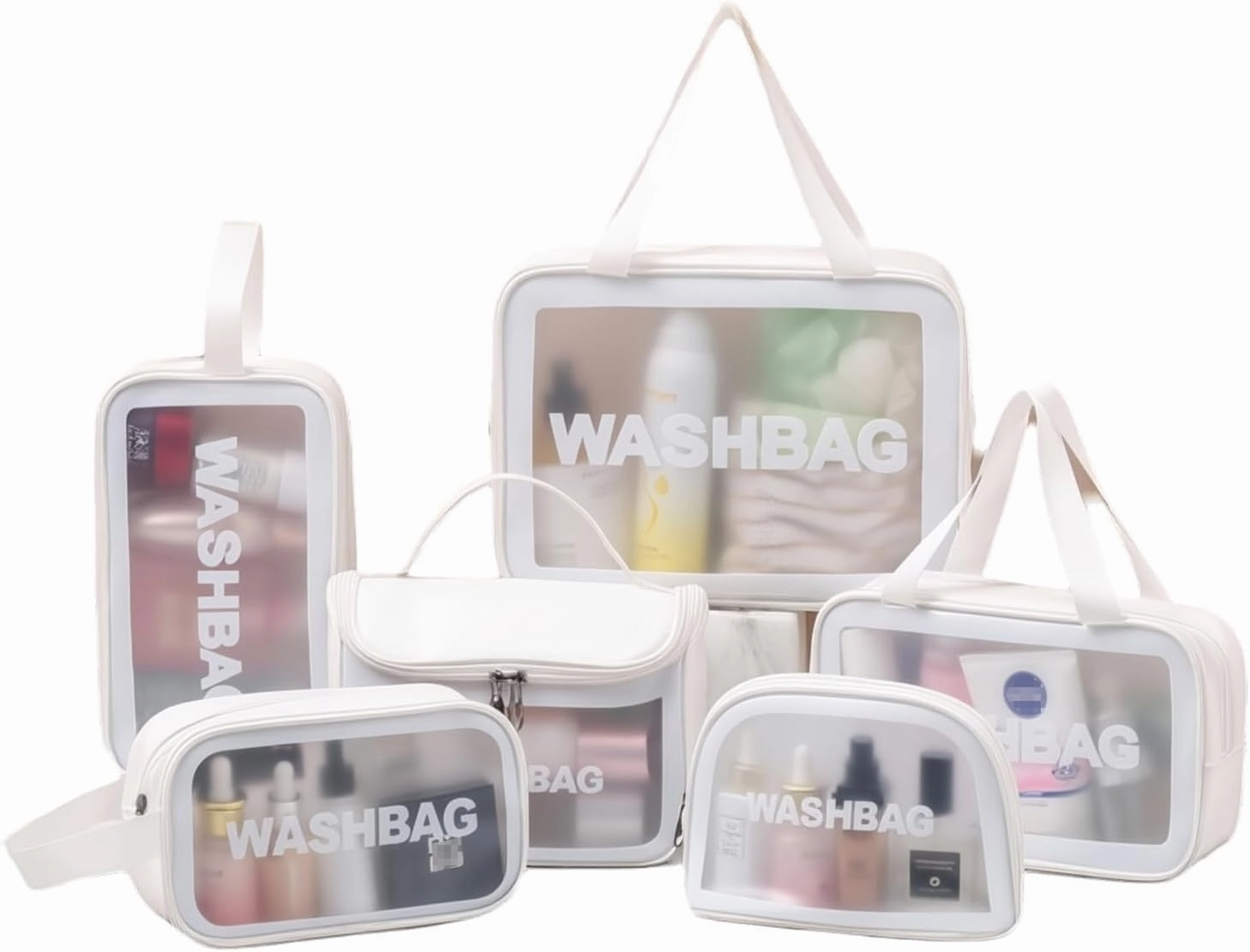 Travel Toiletry Bag for Men & Women, Clear Waterproof Cosmetic Organizer with Handles – Portable Translucent Skin Care Bag for Travel, Bathroom (PU/PVC, Zipper Closure) (White, 6PCS)