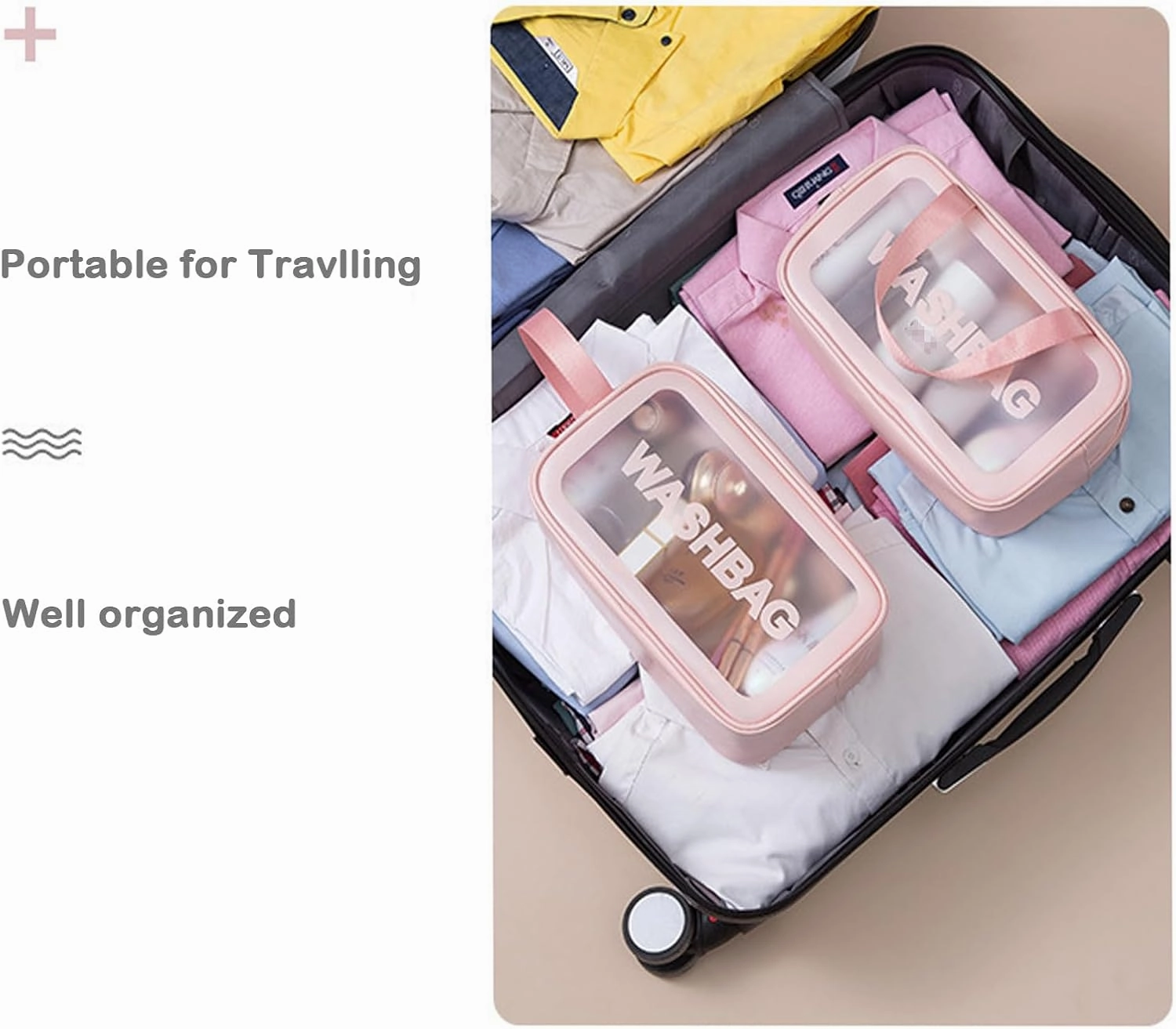 Travel Toiletry Bag for Men & Women, Clear Waterproof Cosmetic Organizer with Handles – Portable Translucent Skin Care Bag for Travel, Bathroom (PU/PVC, Zipper Closure) (White, 6PCS)