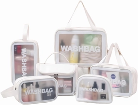 Travel Toiletry Bag for Men & Women, Clear Waterproof Cosmetic Organizer with Handles – Portable Translucent Skin Care Bag for Travel, Bathroom (PU/PVC, Zipper Closure) (White, 6PCS)