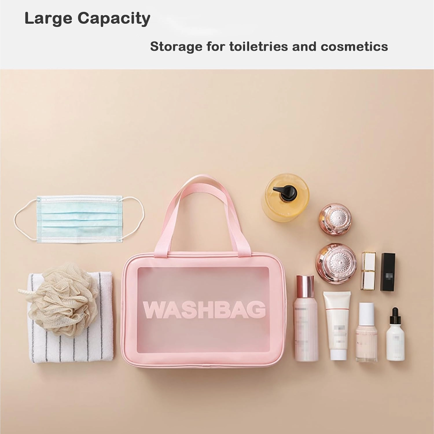 Travel Toiletry Bag for Men & Women, Clear Waterproof Cosmetic Organizer with Handles – Portable Translucent Skin Care Bag for Travel, Bathroom (PU/PVC, Zipper Closure) (White, 6PCS)