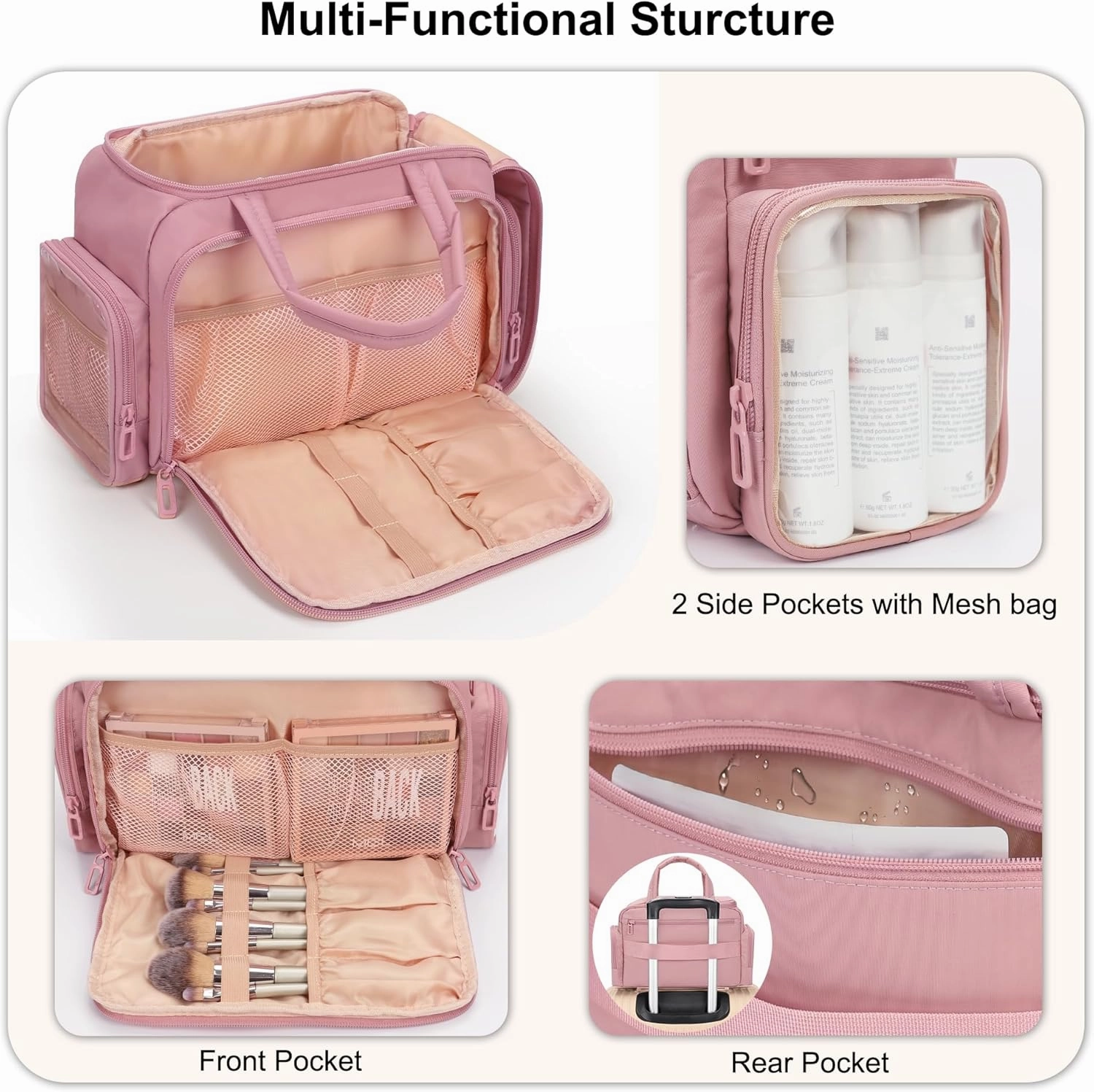 Travel Toiletry Bag for Women, Lightweight Wide-open Cosmetic Travel Bags for Toiletries with 2 Removable Dividers, Large Makeup Organizer with Brushes Board, Multi Pockets for Gym, Daily, Pink