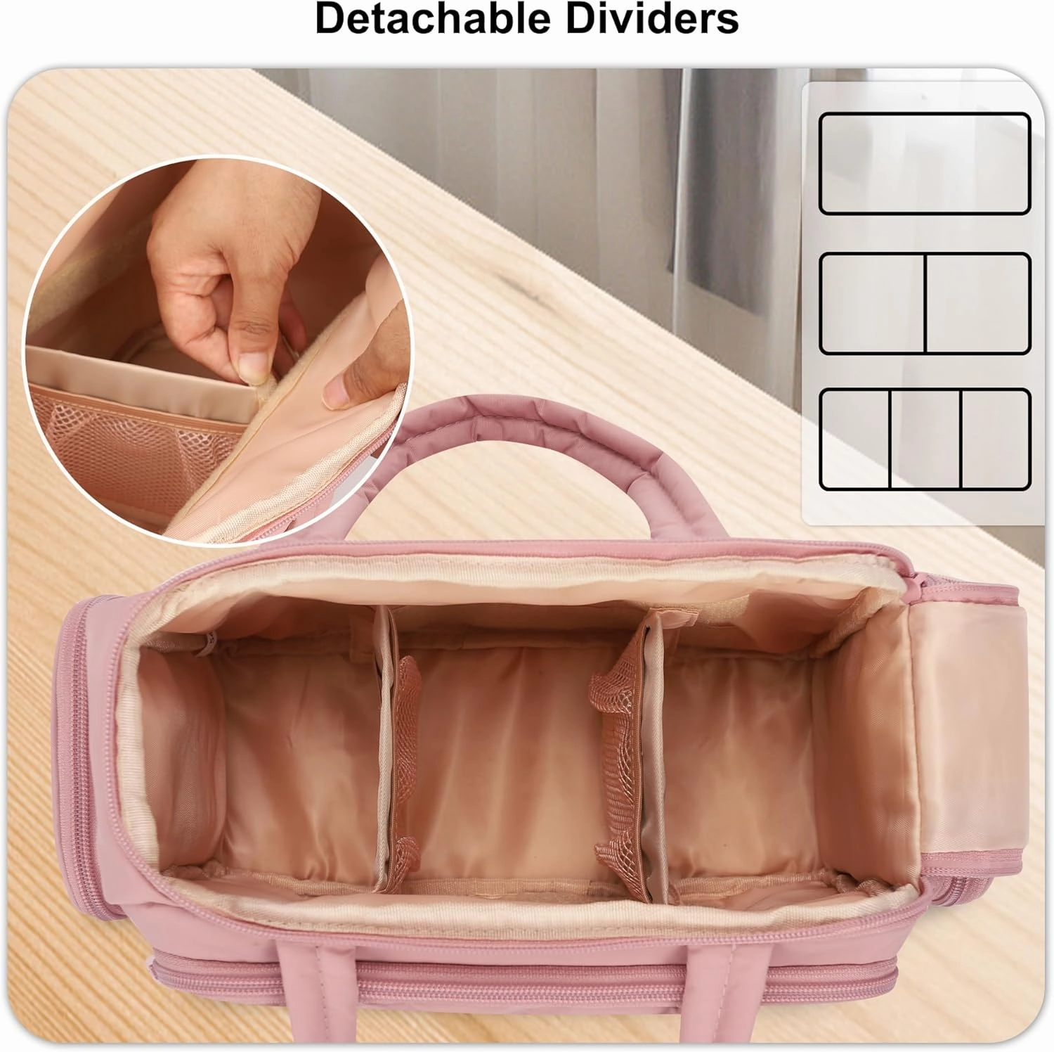Travel Toiletry Bag for Women, Lightweight Wide-open Cosmetic Travel Bags for Toiletries with 2 Removable Dividers, Large Makeup Organizer with Brushes Board, Multi Pockets for Gym, Daily, Pink