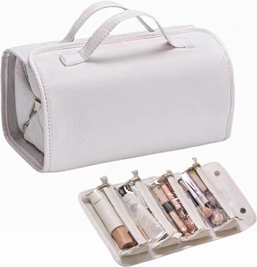 Travel Toiletry Bag,Leather 4 in 1 Roll Up Hanging Makeup Bag 4 Detachable Clear Multi Compartment Cosmetic Bag Waterproof Make up Bag Organizer with Divider and Handle