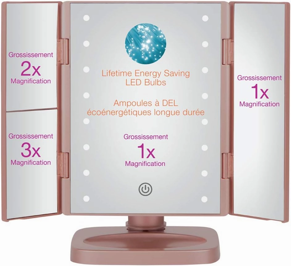 True Glow by Conair TGBE90C Trifold Led Lighted Makeup Mirror in rose Gold, 0.379 Pounds