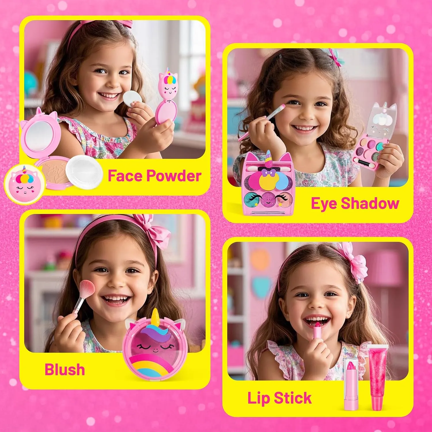 ULOVEME Kids Real Makeup Kit for Little Girls - Real, Non Toxic, Washable Make Up Toy - Umicorn Toys Gift for 3 4 5 6 7 8 9 10 12 Years Old Girls Birthday (Pink Crossbody Bag)