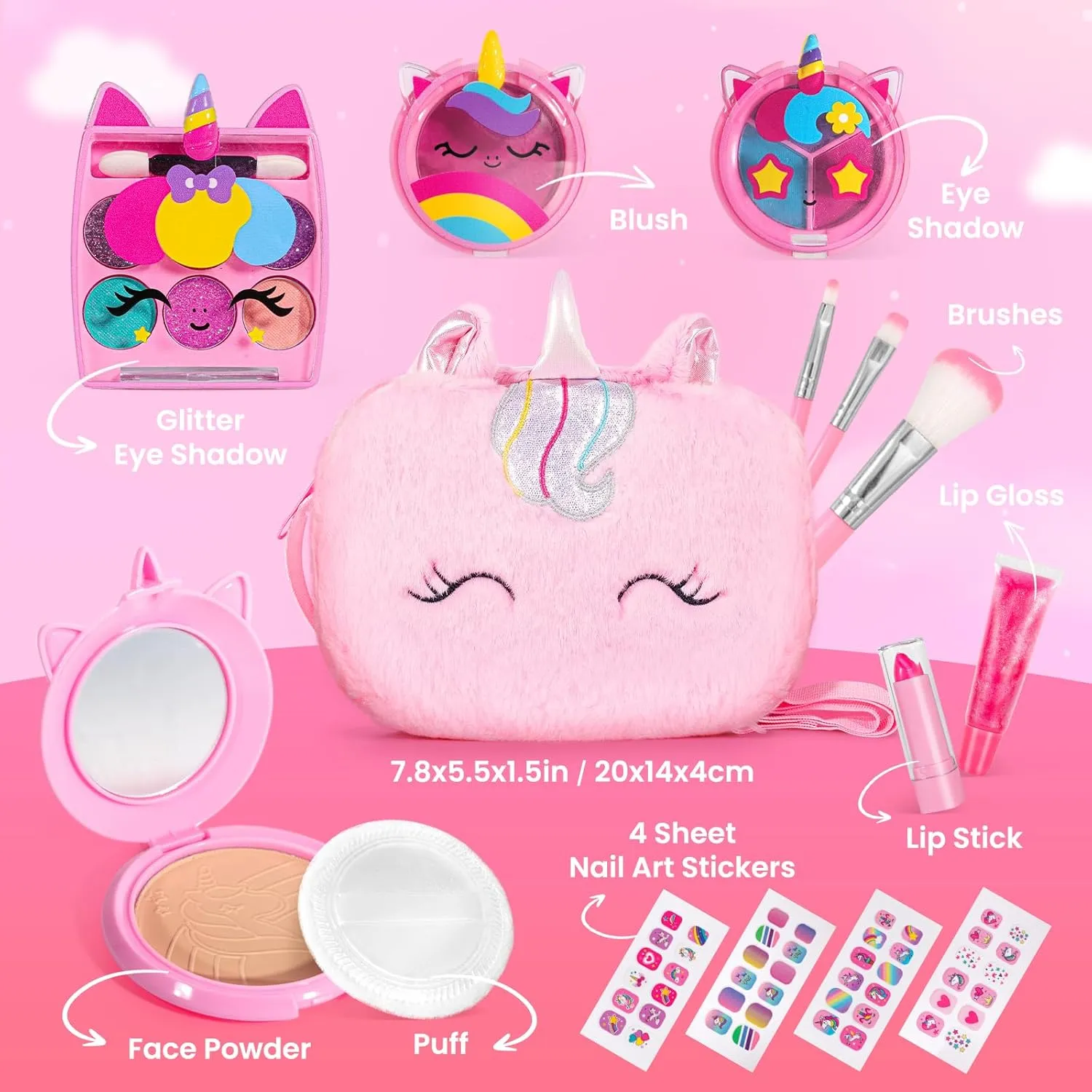 ULOVEME Kids Real Makeup Kit for Little Girls - Real, Non Toxic, Washable Make Up Toy - Umicorn Toys Gift for 3 4 5 6 7 8 9 10 12 Years Old Girls Birthday (Pink Crossbody Bag)