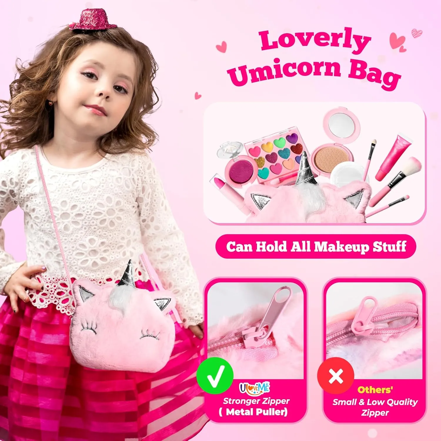 ULOVEME Kids Real Makeup Kit for Little Girls - Real, Non Toxic, Washable Make Up Toy - Umicorn Toys Gift for 3 4 5 6 7 8 9 10 12 Years Old Girls Birthday (Pink Umicorn)
