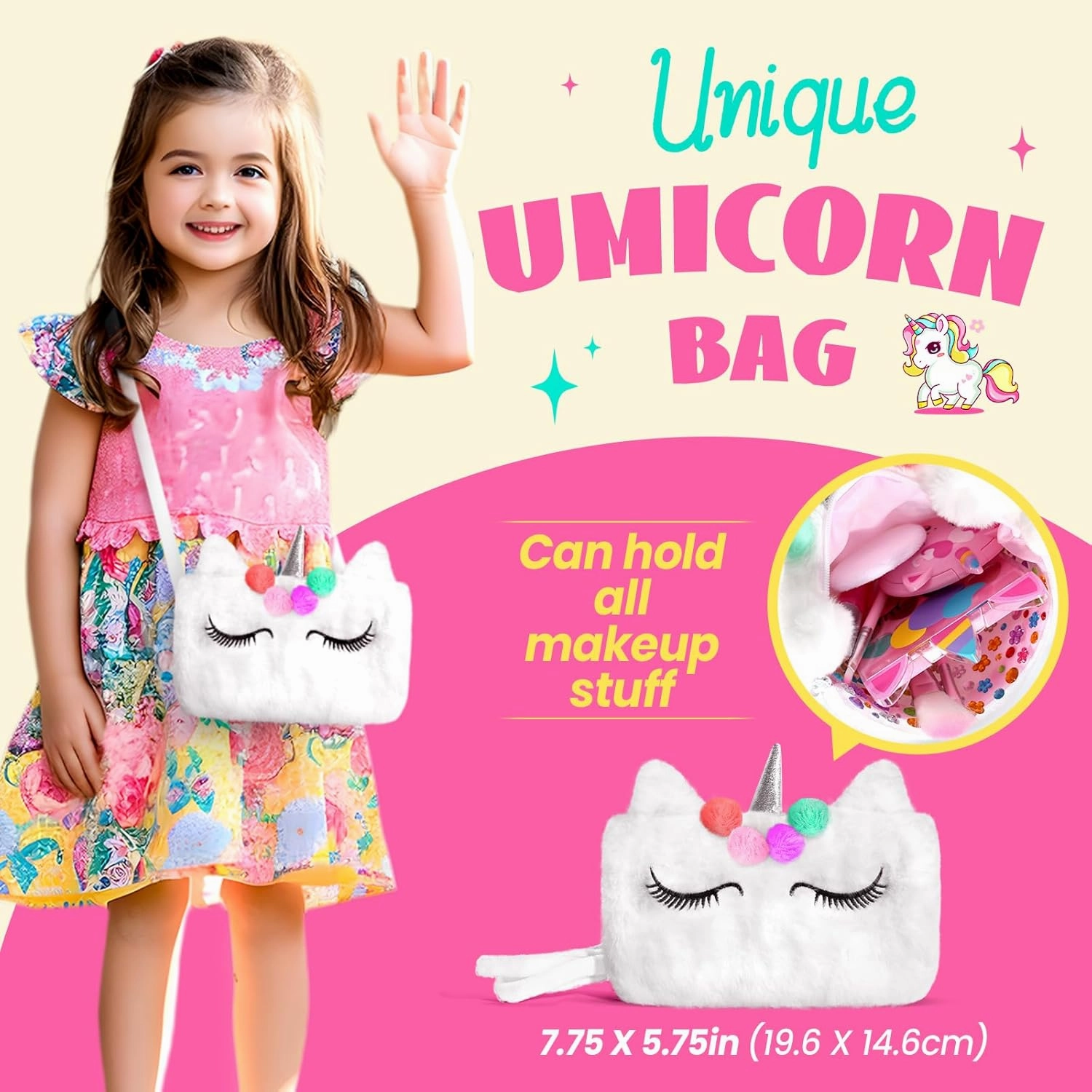 ULOVEME Kids Real Makeup Kit for Little Girls - Real, Non Toxic, Washable Make Up Toy - Umicorn Toys Gift for 3 4 5 6 7 8 9 10 12 Years Old Girls Birthday (White Umicorn)