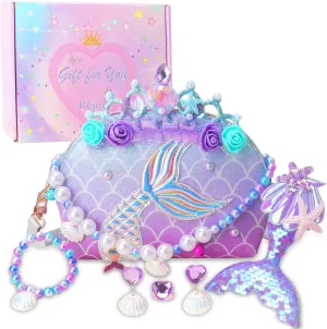Unicorn Mermaid Purse for Little Girls - Toddler Dress Up Jewelry Pretend Play Kids Accessories Set with Gift Box
