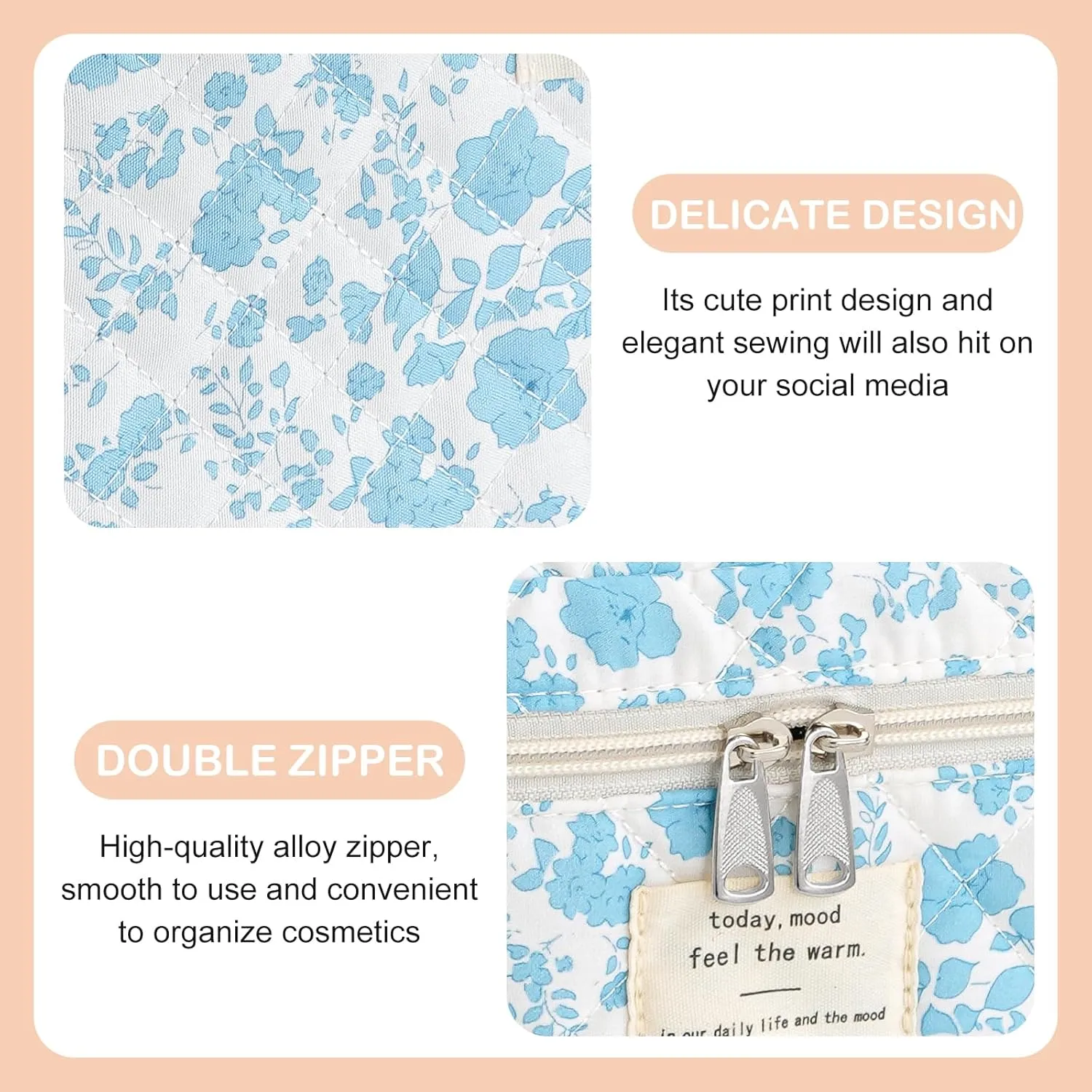 UYUUY Makeup Bag for Women 3PCS Quilted Cotton Make Up Bag Travel Cosmetic Bag Large Makeup Bag Set Cute Makeup Bag Organizer Floral Toiletry Bag Makeup Pouch for Purse, Azure Blue