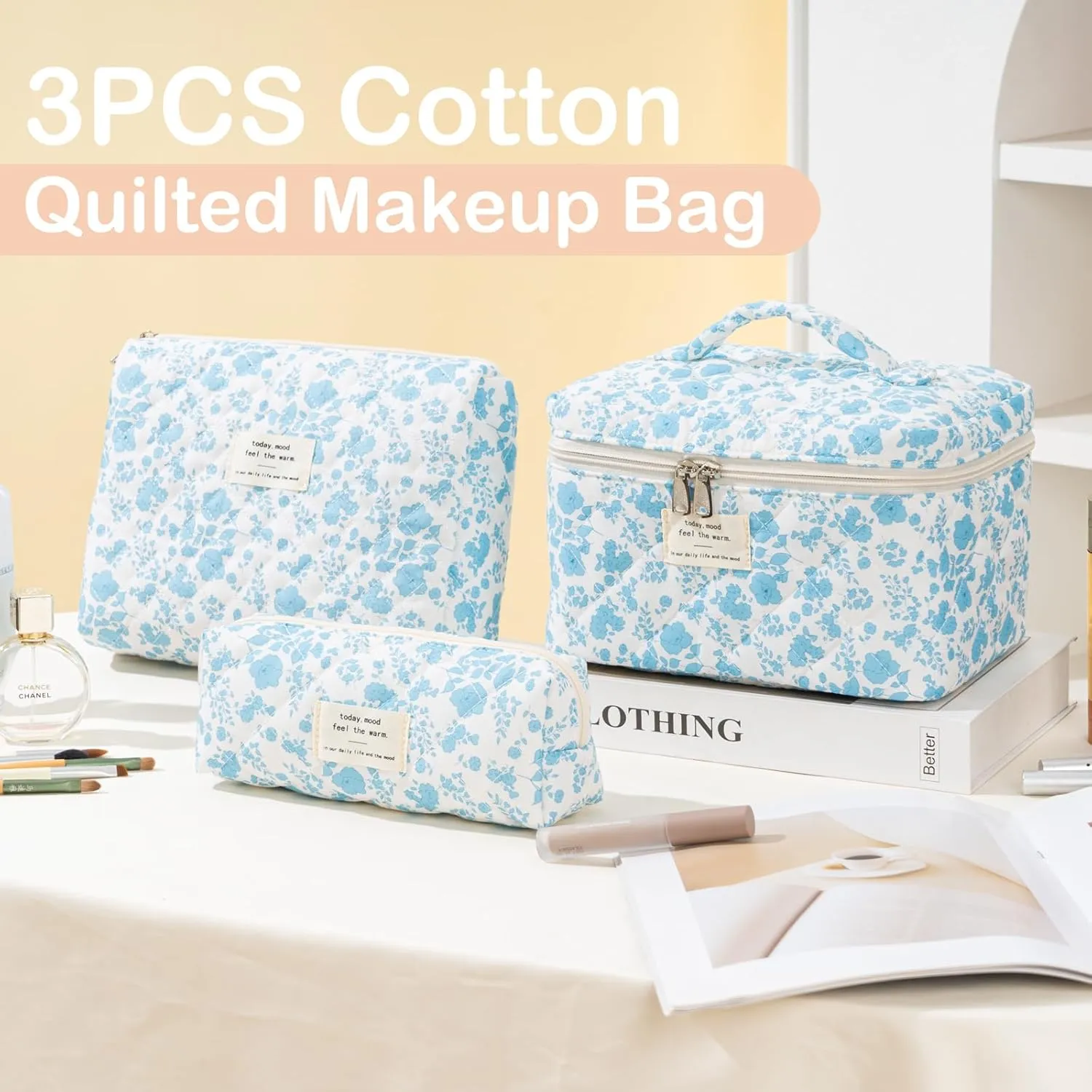 UYUUY Makeup Bag for Women 3PCS Quilted Cotton Make Up Bag Travel Cosmetic Bag Large Makeup Bag Set Cute Makeup Bag Organizer Floral Toiletry Bag Makeup Pouch for Purse, Azure Blue