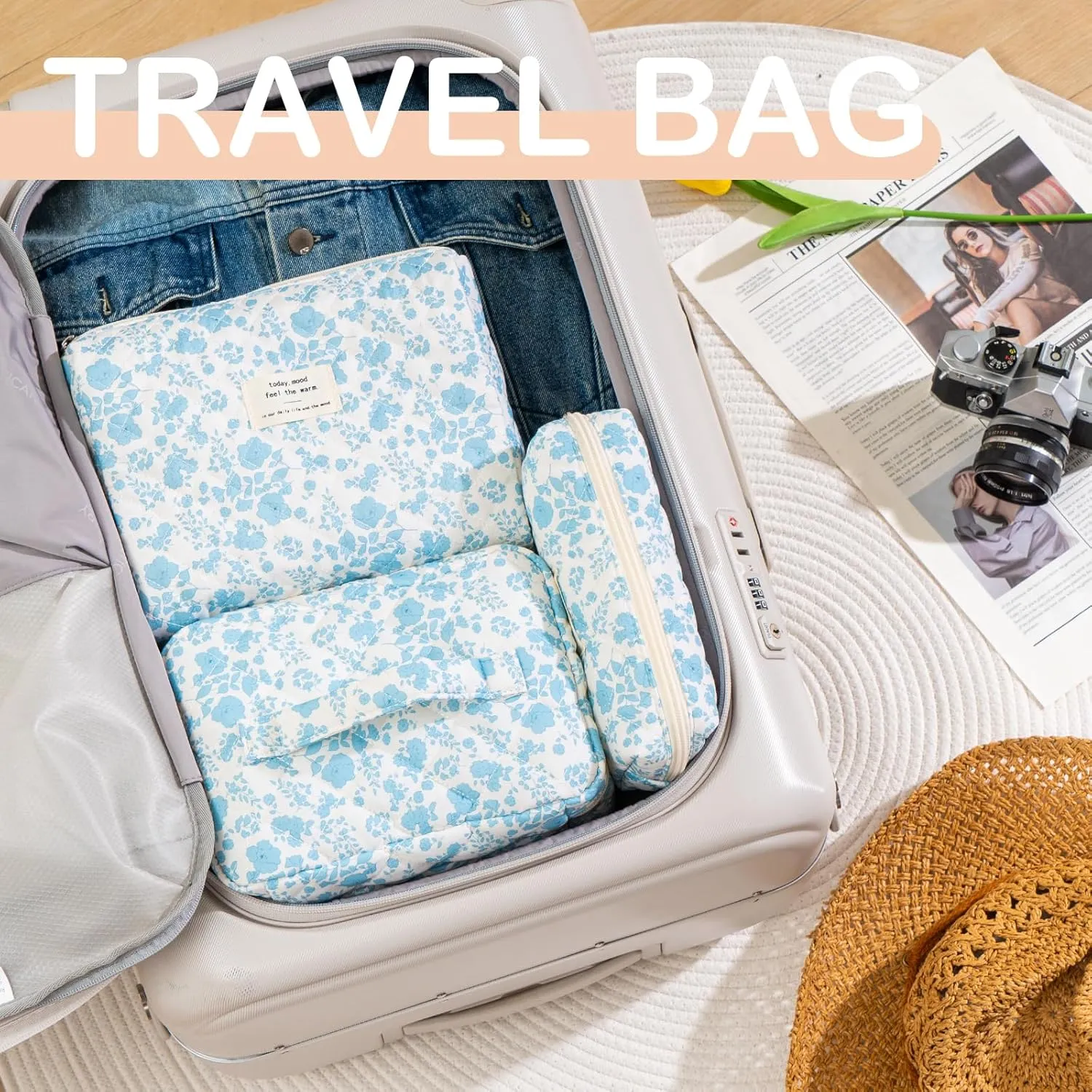 UYUUY Makeup Bag for Women 3PCS Quilted Cotton Make Up Bag Travel Cosmetic Bag Large Makeup Bag Set Cute Makeup Bag Organizer Floral Toiletry Bag Makeup Pouch for Purse, Azure Blue