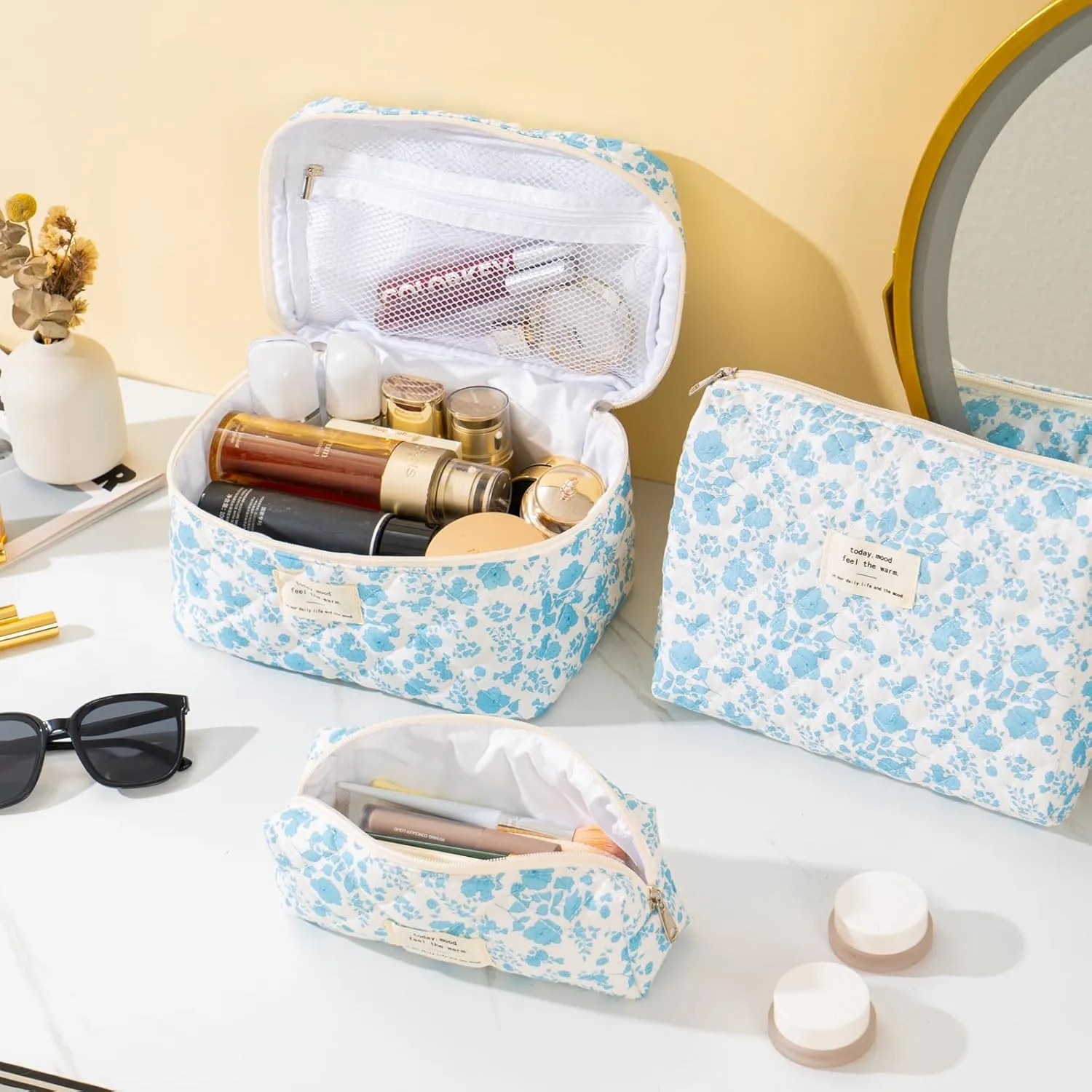 UYUUY Makeup Bag for Women 3PCS Quilted Cotton Make Up Bag Travel Cosmetic Bag Large Makeup Bag Set Cute Makeup Bag Organizer Floral Toiletry Bag Makeup Pouch for Purse, Azure Blue