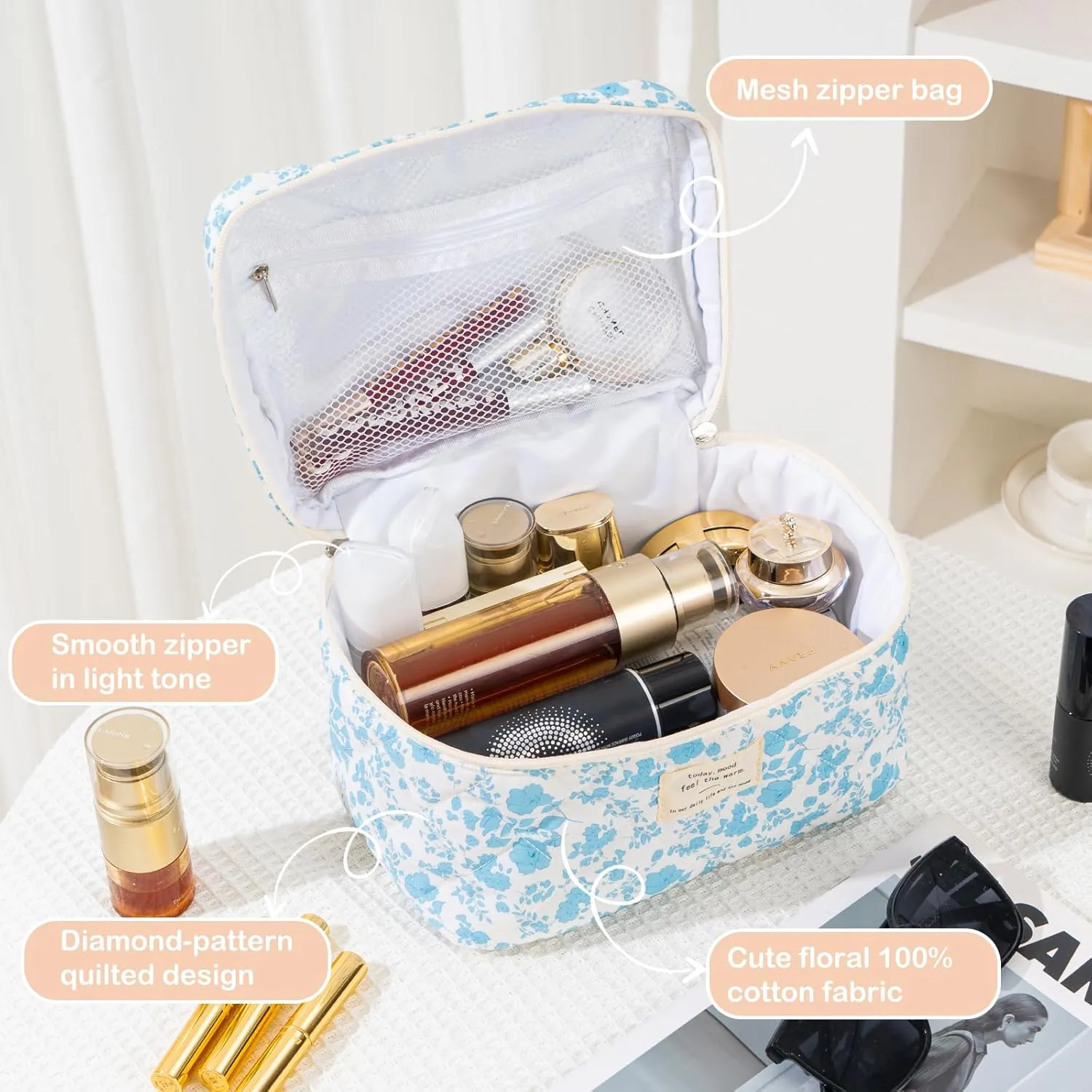 UYUUY Makeup Bag for Women 3PCS Quilted Cotton Make Up Bag Travel Cosmetic Bag Large Makeup Bag Set Cute Makeup Bag Organizer Floral Toiletry Bag Makeup Pouch for Purse, Azure Blue