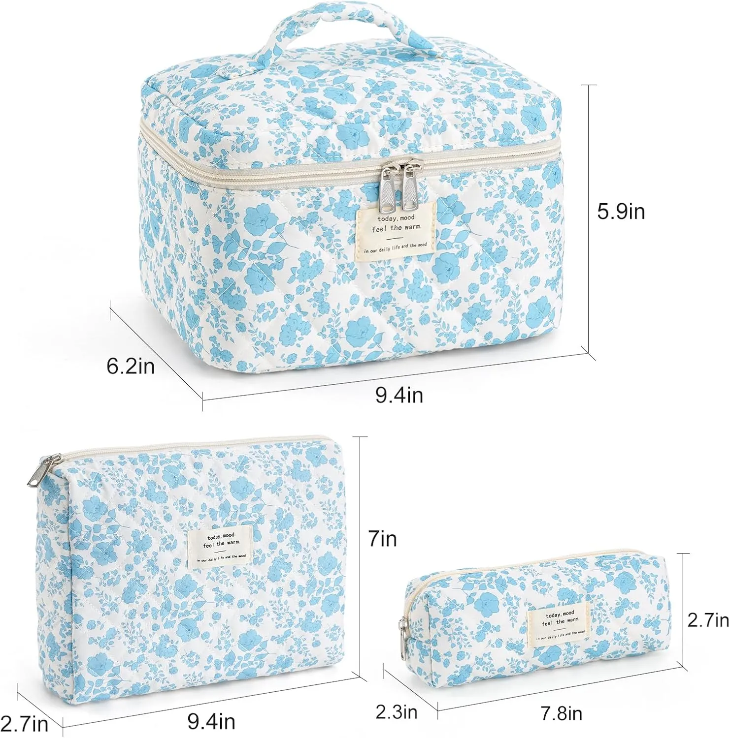 UYUUY Makeup Bag for Women 3PCS Quilted Cotton Make Up Bag Travel Cosmetic Bag Large Makeup Bag Set Cute Makeup Bag Organizer Floral Toiletry Bag Makeup Pouch for Purse, Azure Blue