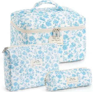 UYUUY Makeup Bag for Women 3PCS Quilted Cotton Make Up Bag Travel Cosmetic Bag Large Makeup Bag Set Cute Makeup Bag Organizer Floral Toiletry Bag Makeup Pouch for Purse, Azure Blue