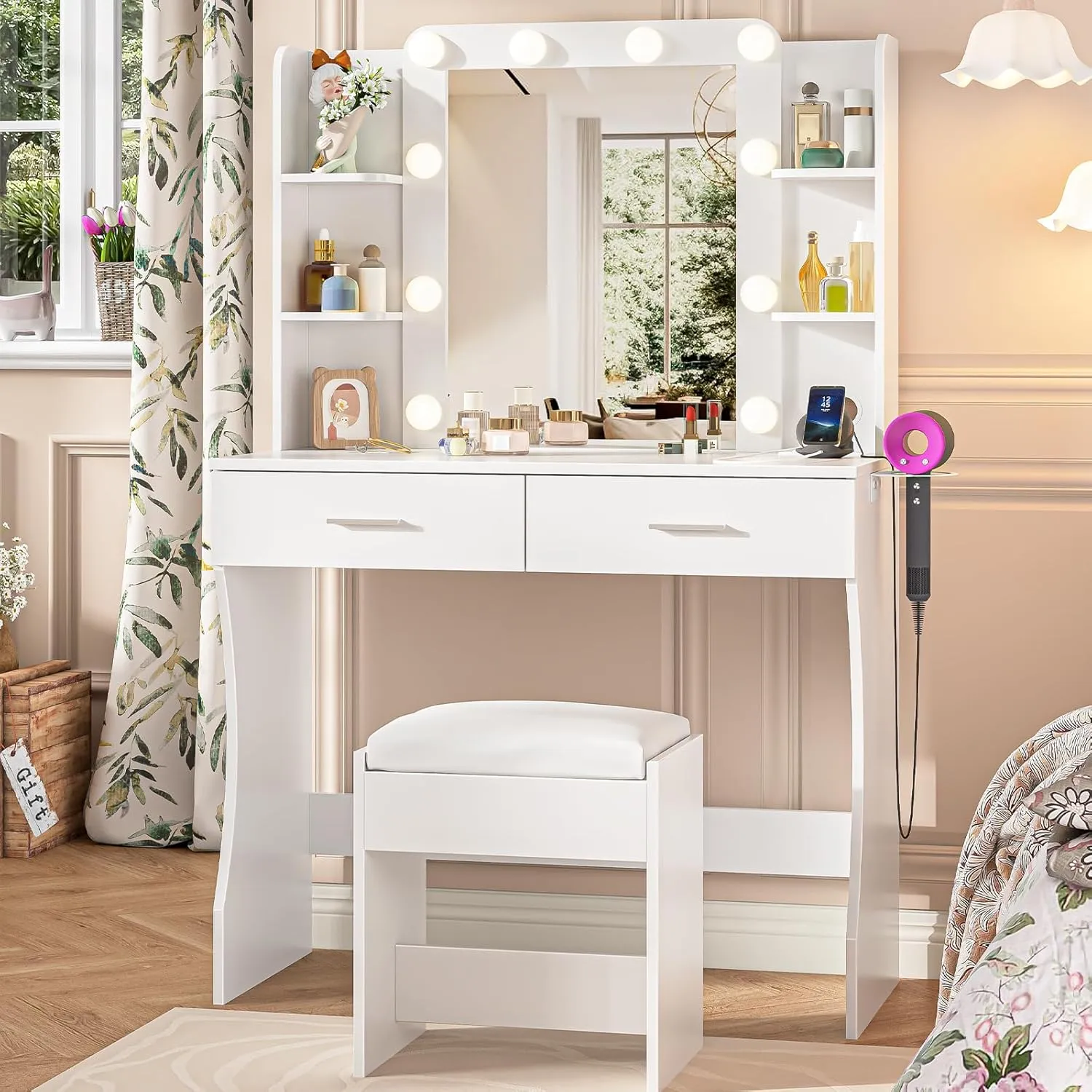 Vanity Desk with Mirror & Lights, Dressing Table Set with Power Outlet & Cushioned Stool Makeup Desk with Drawers & Storage Shelves for Bedroom (White)