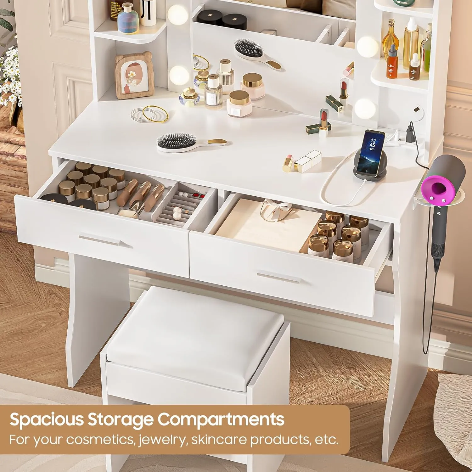 Vanity Desk with Mirror & Lights, Dressing Table Set with Power Outlet & Cushioned Stool Makeup Desk with Drawers & Storage Shelves for Bedroom (White)