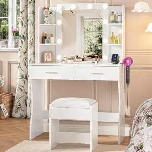 Vanity Desk with Mirror & Lights, Dressing Table Set with Power Outlet & Cushioned Stool Makeup Desk with Drawers & Storage Shelves for Bedroom (White)