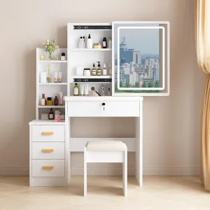 Vanity Desk with Mirror and Lights, 3 Lighting Modes, European Style Dressing Table with Drawers, with Open Storage Shelves,Makeup Vanity Table for Bedroom,Gifts for Girls and Women, White