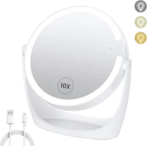 Vanity Magnifying Mirror with Light: 10x Magnifying Mirror with Adjustable 3 Color Brightness - Rechargeable Double Sided Makeup Mirror with 360° Rotation,Perfect Travel Table Mirror