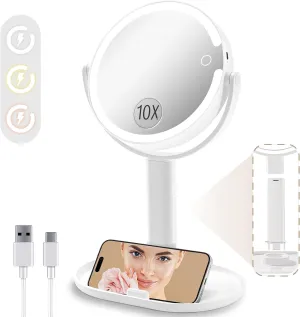 Vanity Makeup Mirror with Lights, 10X/1X Double Sided Magnifying Light up Desk Mirror with Stand Cosmetic Organizer, 3 Color Brightness Adjustable 360° Rotation Detachable for Travel