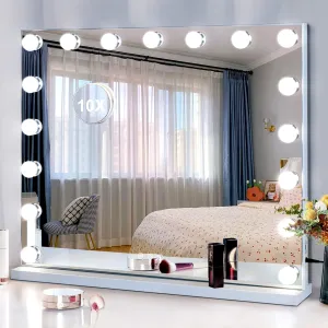 Vanity Mirror with Lights -17 Bulbs, 25" x 21" Large Hollywood Vanity Mirror, 10X Magnifying, 3 Colors Modes, Touch Control Mirror with Lights, Tabletop or Wall-Mounted, USB Charging Port
