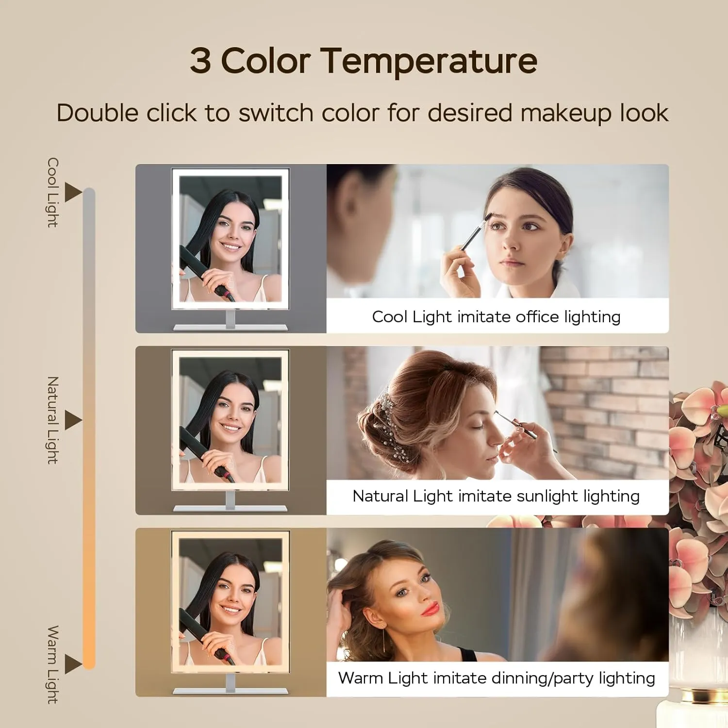 Vanity Mirror with Lights, Makeup Mirror with Lights, 3 Color Lighting, Dimmable Brightness, Detachable 10X Magnification, 13.5" H x 10" W Tabletop Lighted Make Up Mirror with Lighting, White