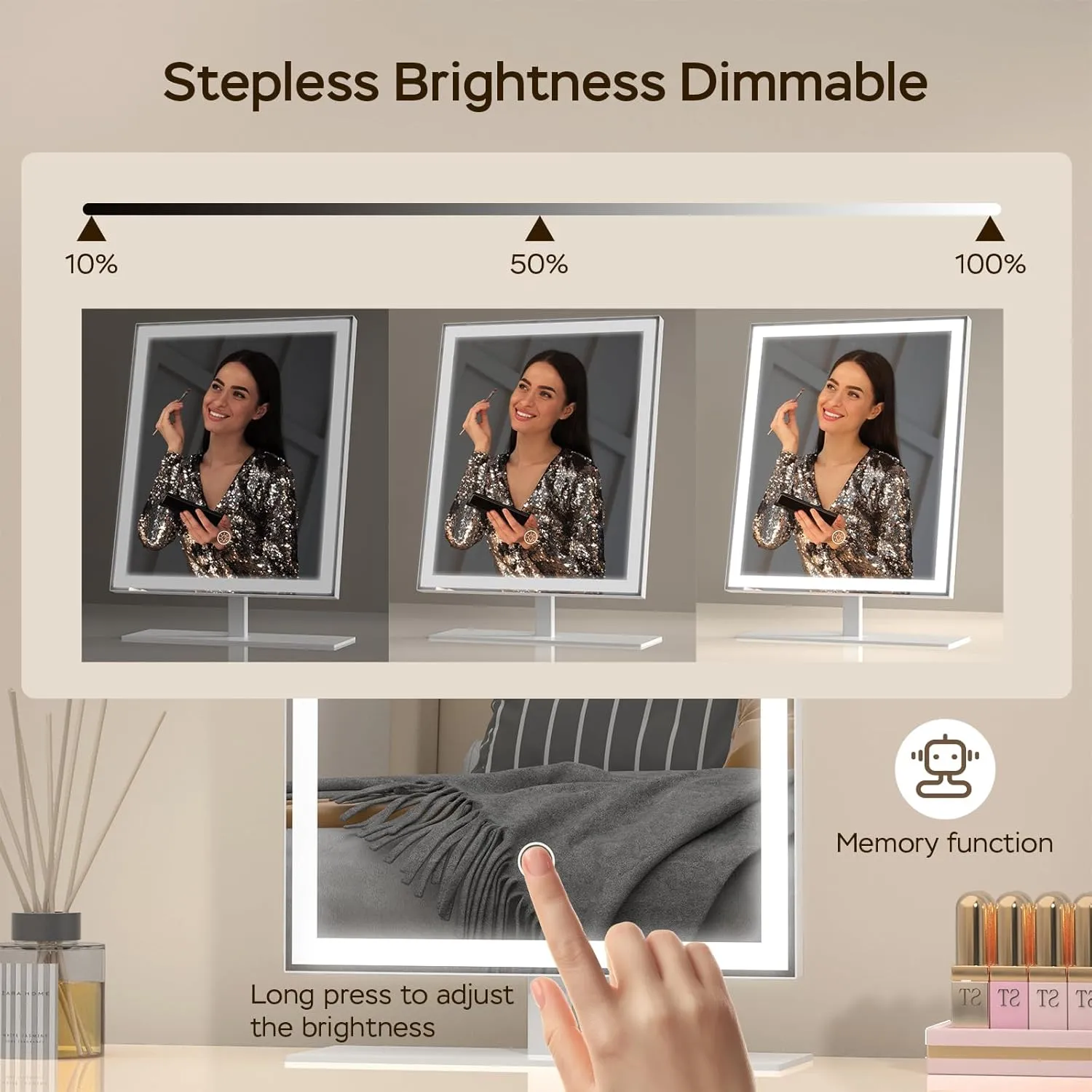 Vanity Mirror with Lights, Makeup Mirror with Lights, 3 Color Lighting, Dimmable Brightness, Detachable 10X Magnification, 13.5" H x 10" W Tabletop Lighted Make Up Mirror with Lighting, White