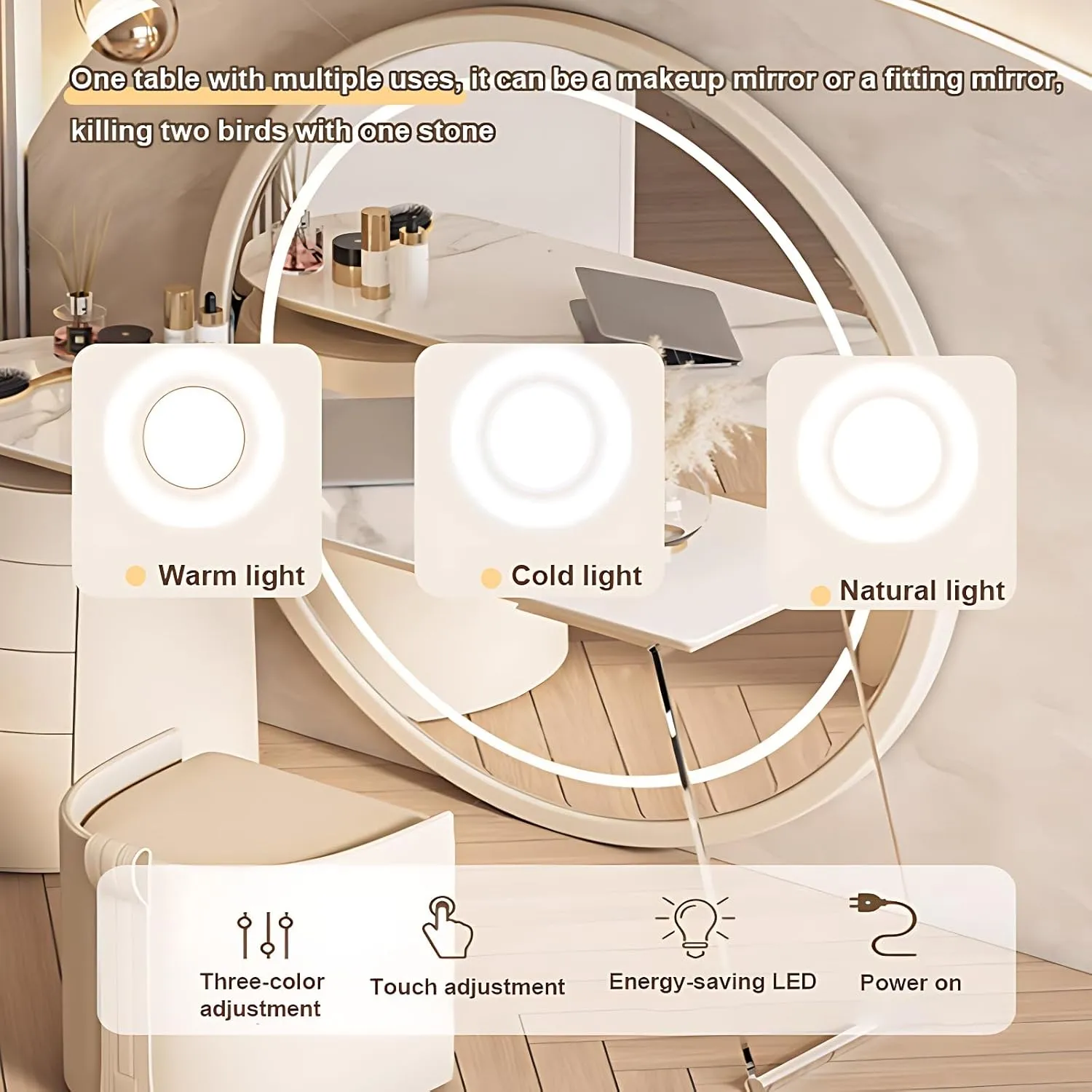 Vanity Set - Modern Vanity Desk with 3 Drawers & Rock Slab Top, Modern Vanity Table with LED Smart Makeup Mirror, Includes Makeup Chair (Off-White, 63IN)