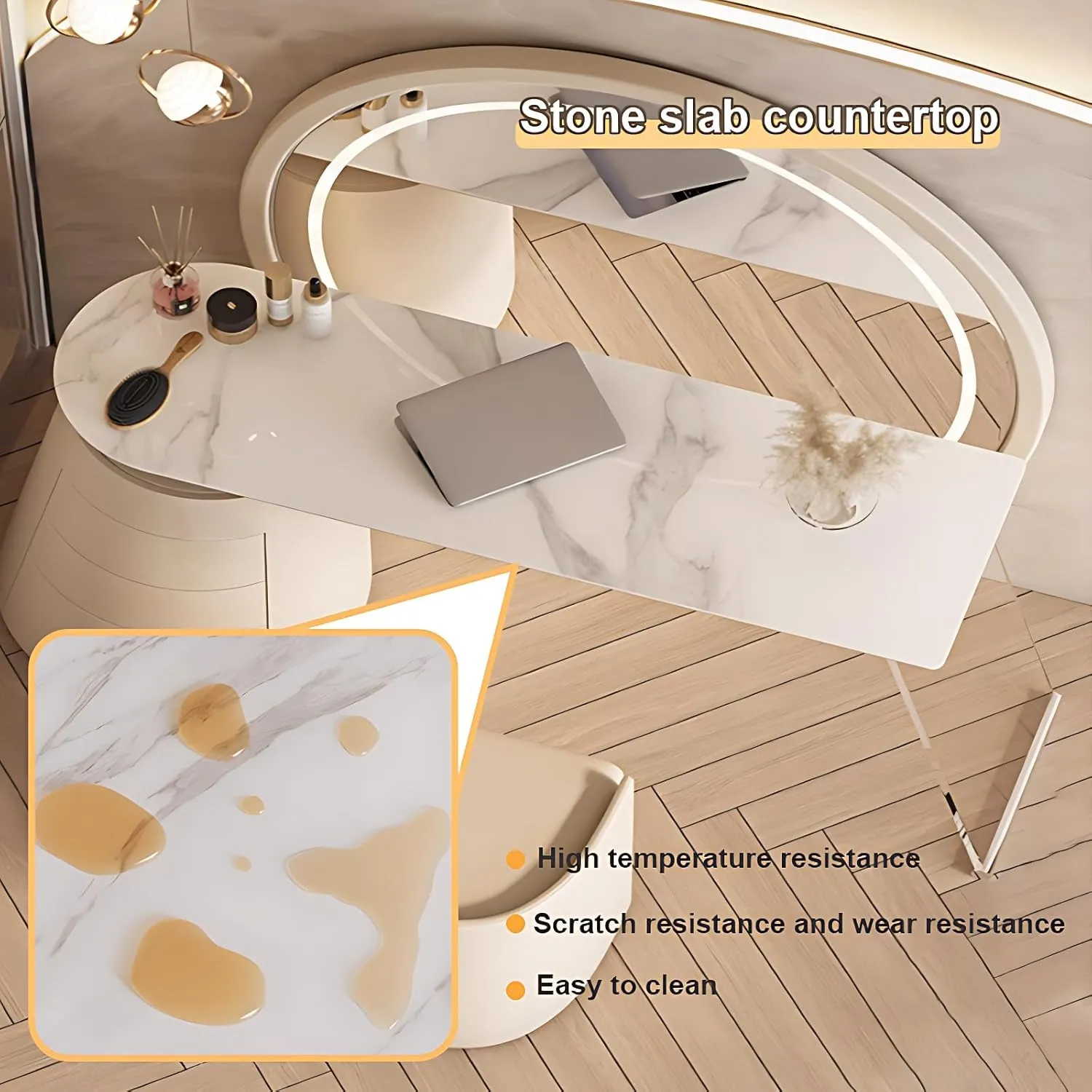 Vanity Set - Modern Vanity Desk with 3 Drawers & Rock Slab Top, Modern Vanity Table with LED Smart Makeup Mirror, Includes Makeup Chair (Off-White, 63IN)
