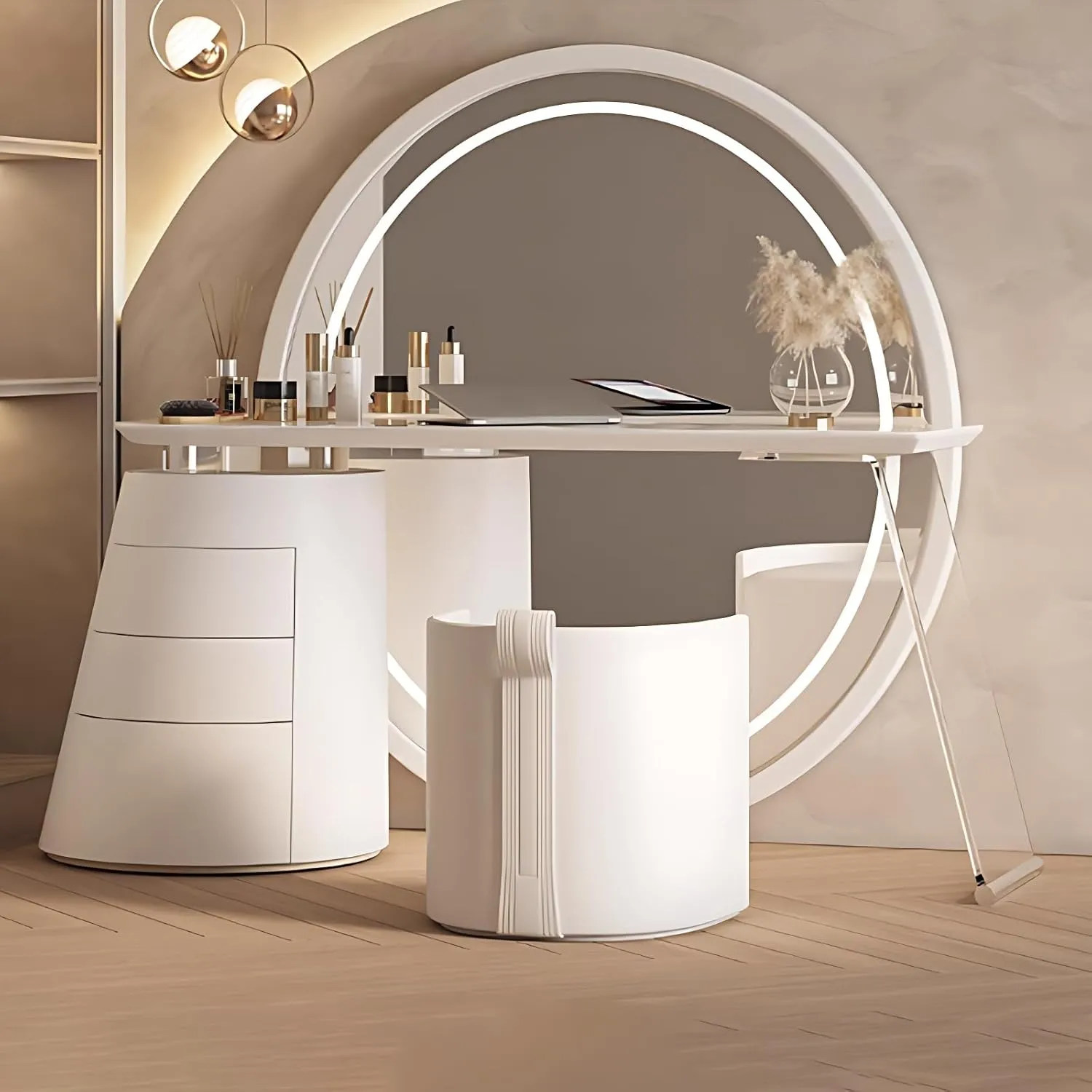 Vanity Set - Modern Vanity Desk with 3 Drawers & Rock Slab Top, Modern Vanity Table with LED Smart Makeup Mirror, Includes Makeup Chair (Off-White, 63IN)