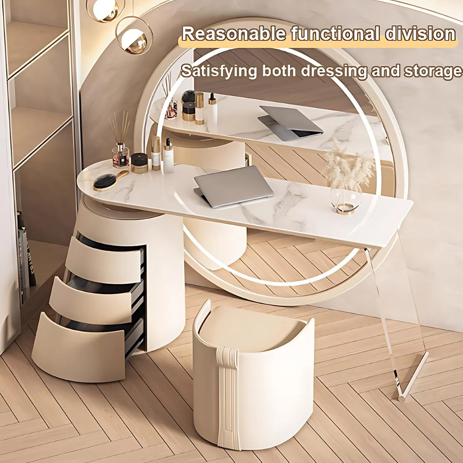 Vanity Set - Modern Vanity Desk with 3 Drawers & Rock Slab Top, Modern Vanity Table with LED Smart Makeup Mirror, Includes Makeup Chair (Off-White, 63IN)