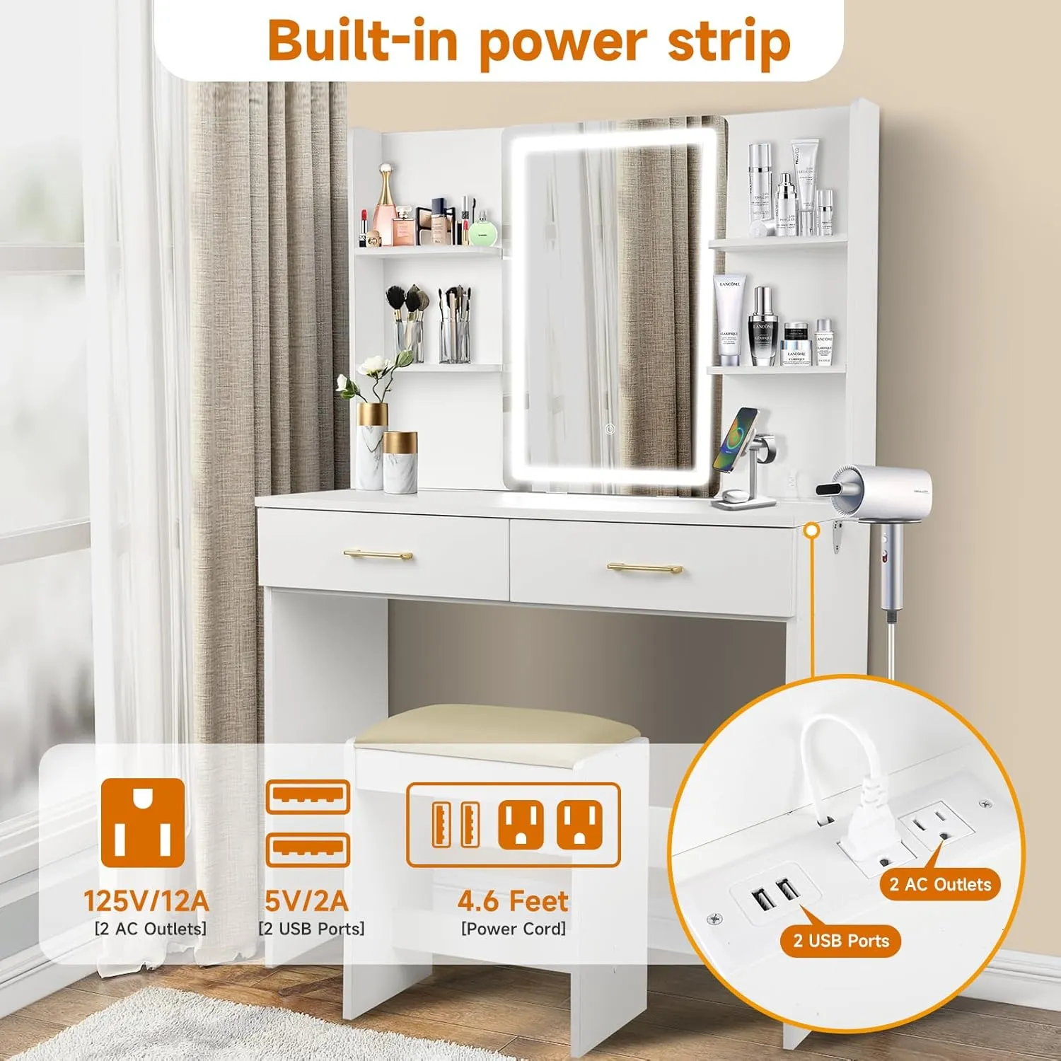 Vanity Set with Lights and Stool, Vanity Desk with Mirror and Lights，Vanity Power Outlet,Vanity Desk with Drawers, White Vanity with Lighted Mirror，Dressing Table Set with 2 Large Drawers