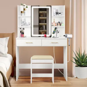 Vanity Set with Lights and Stool, Vanity Desk with Mirror and Lights，Vanity Power Outlet,Vanity Desk with Drawers, White Vanity with Lighted Mirror，Dressing Table Set with 2 Large Drawers