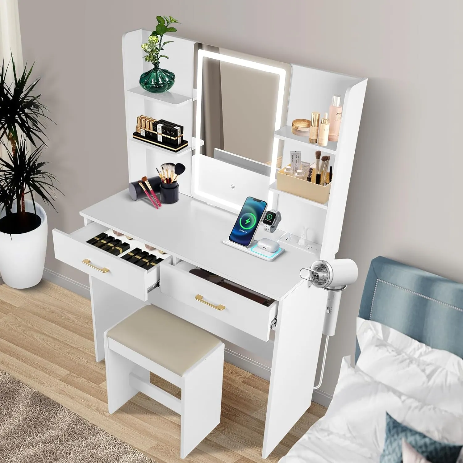 Vanity Set with Lights and Stool, Vanity Desk with Mirror and Lights，Vanity Power Outlet,Vanity Desk with Drawers, White Vanity with Lighted Mirror，Dressing Table Set with 2 Large Drawers