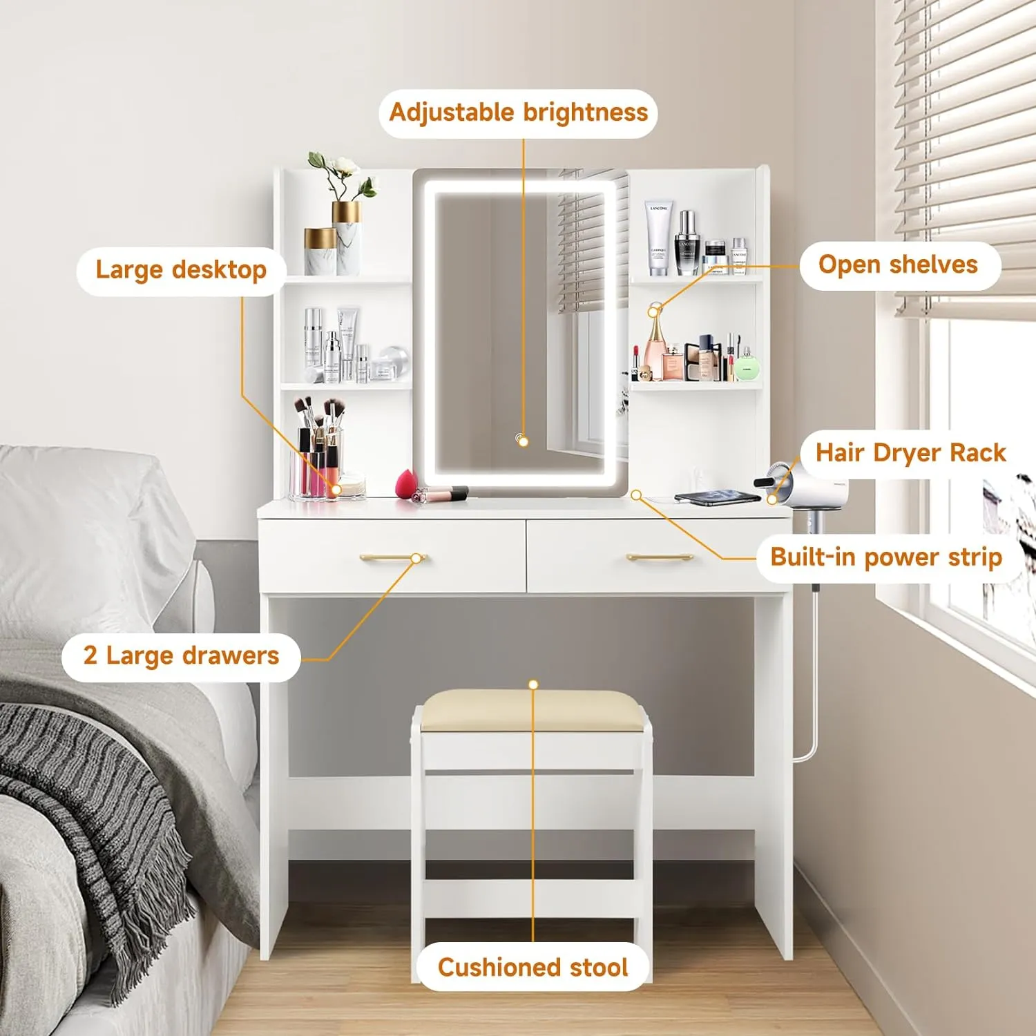 Vanity Set with Lights and Stool, Vanity Desk with Mirror and Lights，Vanity Power Outlet,Vanity Desk with Drawers, White Vanity with Lighted Mirror，Dressing Table Set with 2 Large Drawers