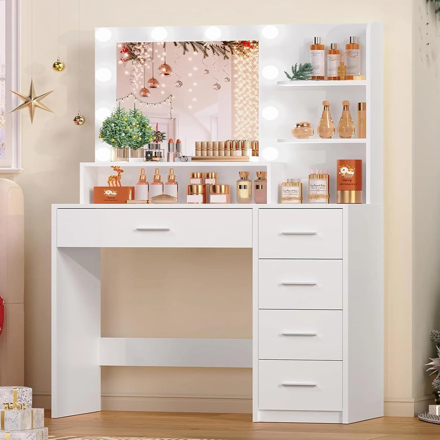 Vanity Desk with Mirror and Lights, Makeup Vanity with 5 Drawers and 3 Storage Shelves, 3 Color Modes & Adjustable Brightness Dressing Table, Vanity Desk for Bedroom, White