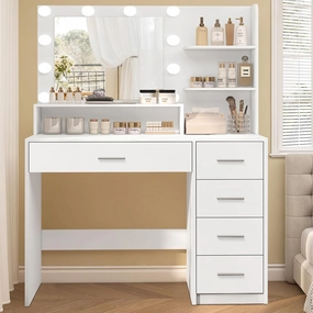 Vanity Desk with Mirror and Lights, Makeup Vanity with 5 Drawers and 3 Storage Shelves, 3 Color Modes & Adjustable Brightness Dressing Table, Vanity Desk for Bedroom, White
