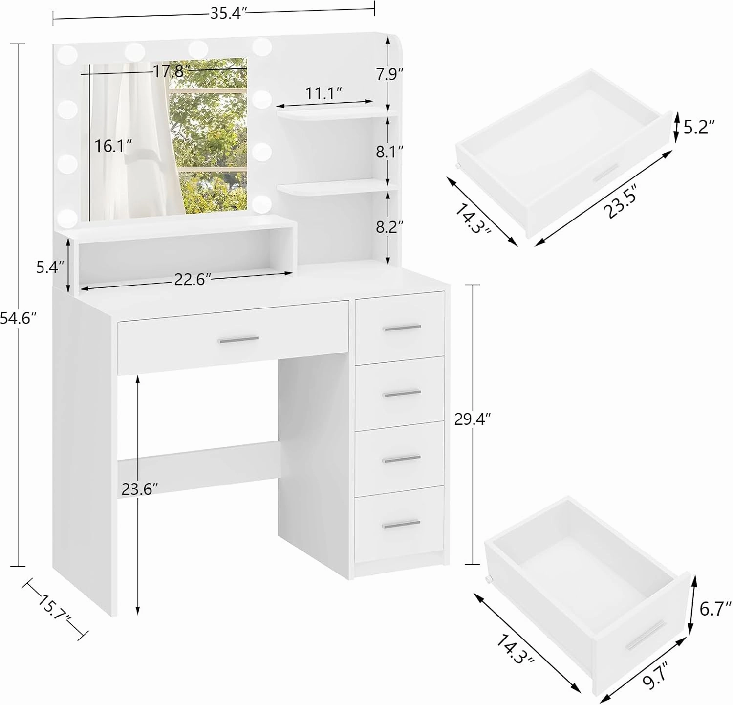 Vanity Desk with Mirror and Lights, Makeup Vanity with 5 Drawers and 3 Storage Shelves, 3 Color Modes & Adjustable Brightness Dressing Table, Vanity Desk for Bedroom, White
