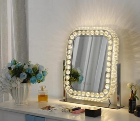 Vanity Mirror with Lights Lighted Makeup Mirror Large Crystal Hollywood Vanity Mirror with Lights 20x18inch 3 Colors &Touch Screen 360°Rotating Tabletop Plug in Led Mirror for Bedroom