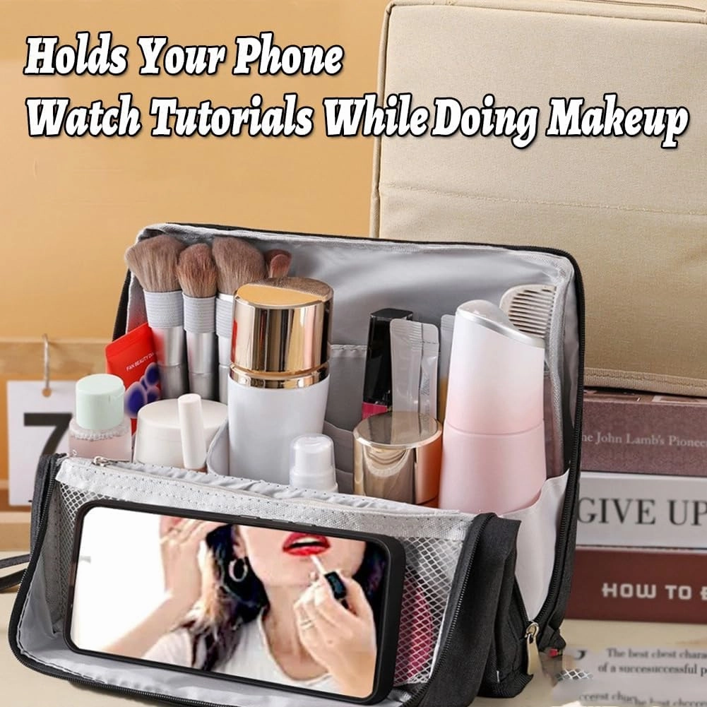 Vertical Makeup Organizer Bag, Relevanton Standing Makeup Bag Portable, Large Capacity, Doresty Standing Makeup Bag Smart Partitioning, Multi-Purpose Oxford Cloth(Black)