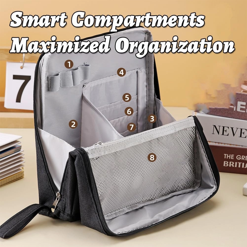 Vertical Makeup Organizer Bag, Relevanton Standing Makeup Bag Portable, Large Capacity, Doresty Standing Makeup Bag Smart Partitioning, Multi-Purpose Oxford Cloth(Black)