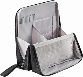 Vertical Makeup Organizer Bag, Relevanton Standing Makeup Bag Portable, Large Capacity, Doresty Standing Makeup Bag Smart Partitioning, Multi-Purpose Oxford Cloth(Black)